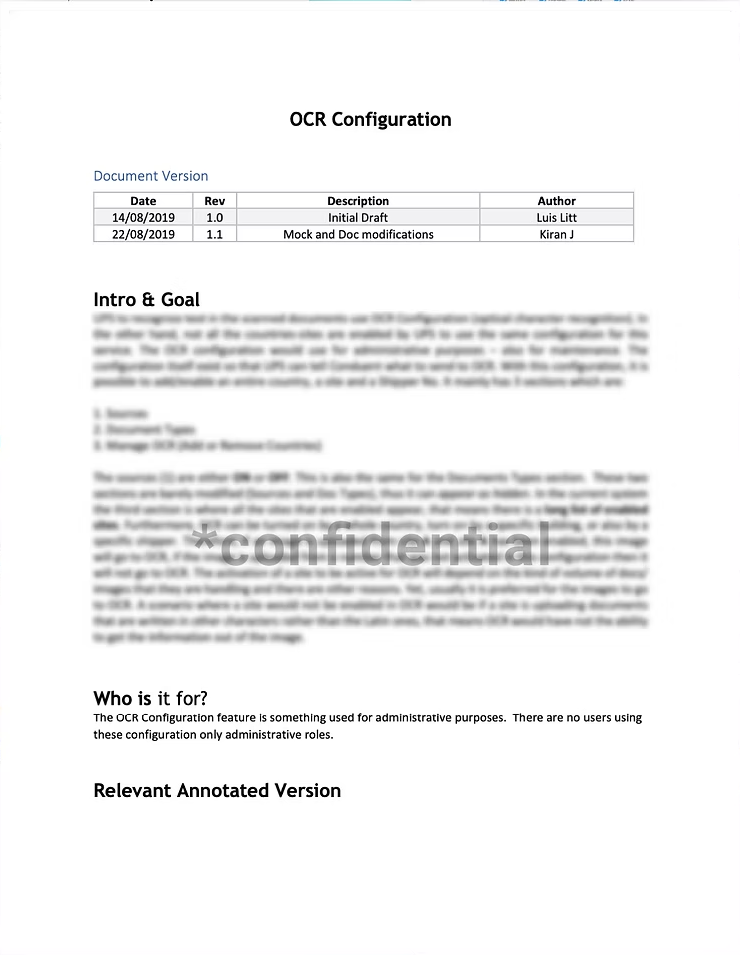 A design document page for OCR Configuration with a version table, intro and goal, and who it is for; body text blurred for confidentiality