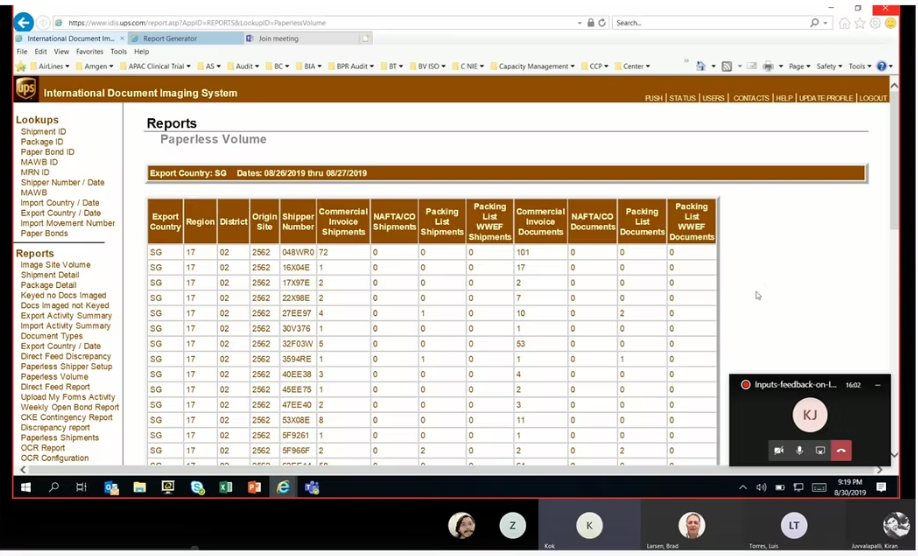 A remote session: a user shares their screen to walk through a legacy Paperless Volume report while the team watches on a call