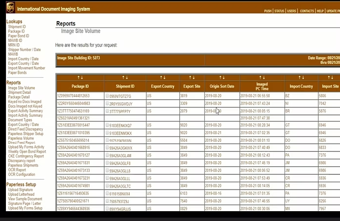 Legacy results page: a dense brown table of package IDs with a long left-hand menu of lookups and reports