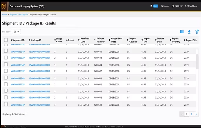 Rebuilt results page: a clean table of shipment and package IDs with paging, column controls and export