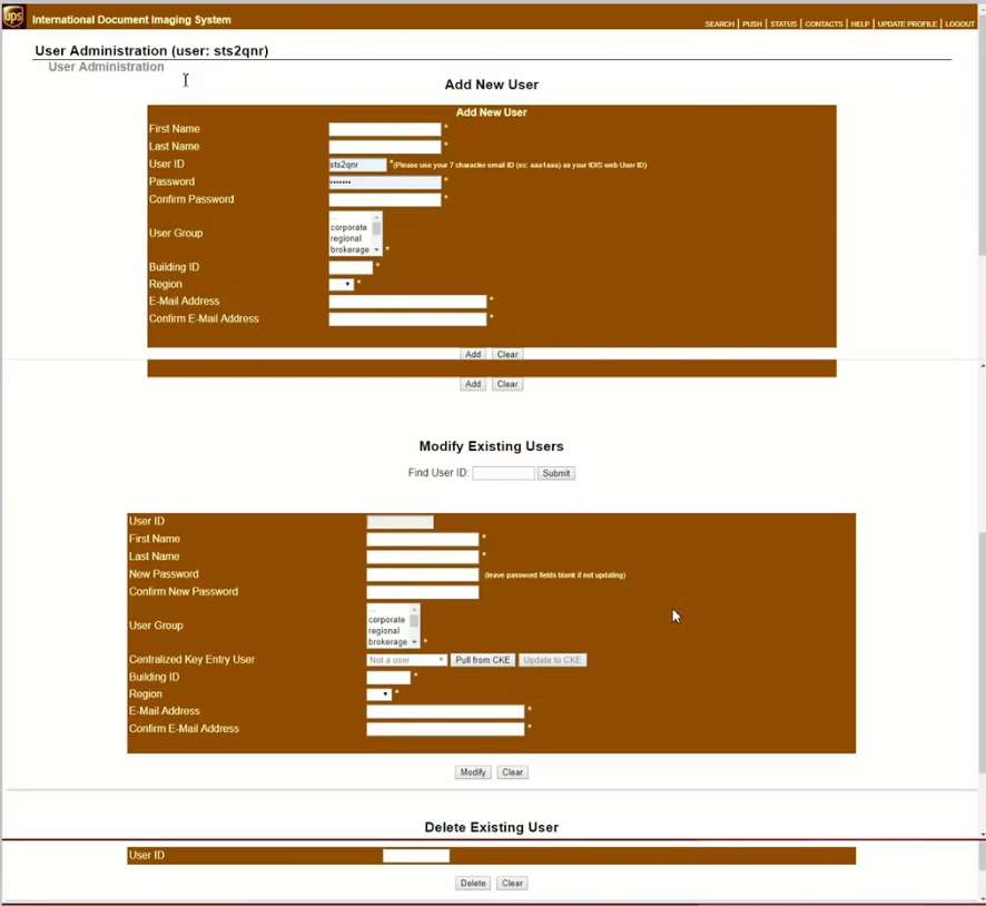 Legacy user administration: long brown forms to add, modify and delete a single user by ID