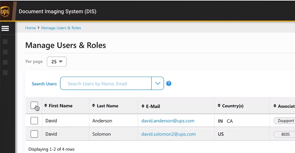 Manage Users and Roles: a searchable user table with countries, roles, activity log and edit actions