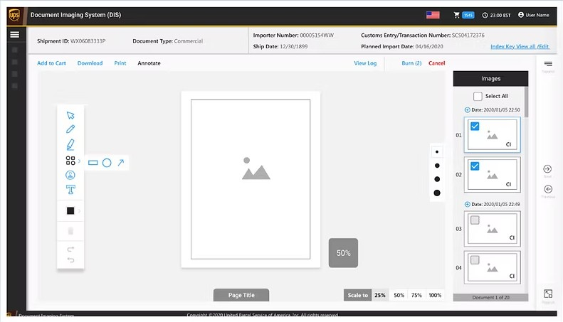 New image viewer in annotate mode: the document fills the canvas, with a floating toolbox and thumbnails