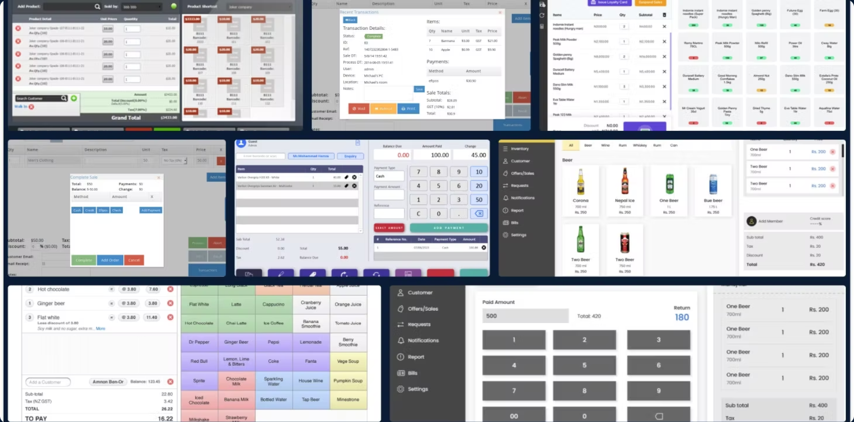 A collage of other point-of-sale products: cart screens, number pads, product tiles and payment screens