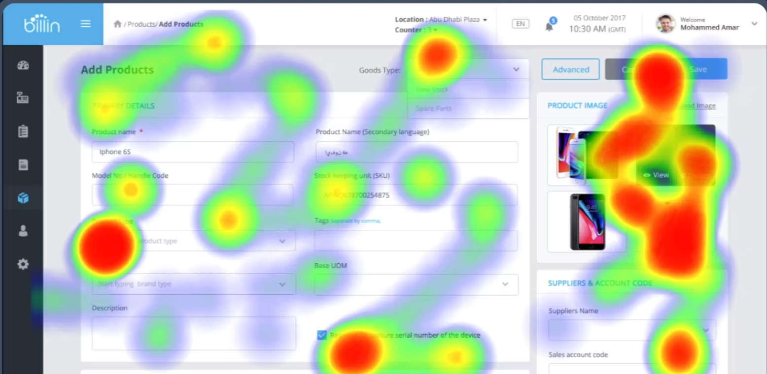 Heatmap over the Add Products screen: hot spots on product type, the product image area, the Save button and the serial number checkbox