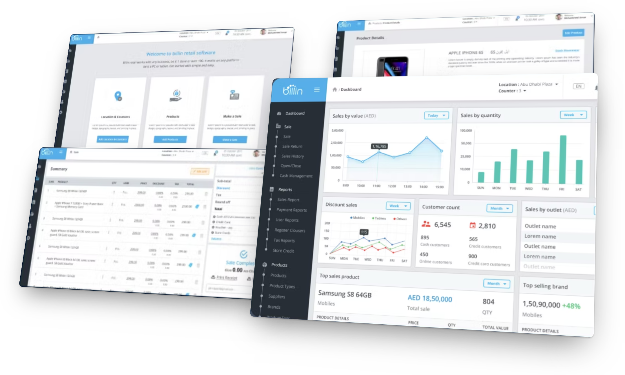 Four screens of Billin in perspective: the sales dashboard with charts by value and quantity, a sale summary with VAT receipt, a product details page and the welcome checklist