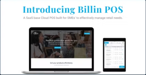 Launch slide, Introducing Billin POS: a SaaS cloud POS built for SMEs, shown on a laptop and a tablet