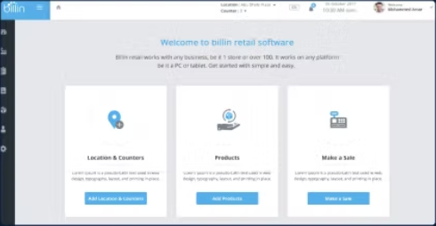Welcome to billin retail software: three cards, Location and Counters, Products, and Make a Sale, each with a button