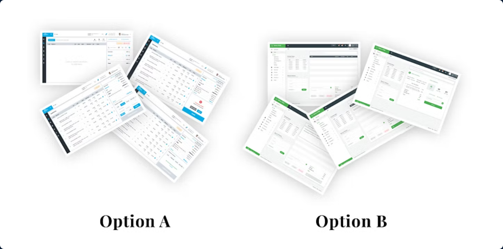 Two sets of sales screen mock-ups side by side, labelled Option A (blue, open layout) and Option B (green, denser layout)
