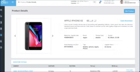 Product details for an Apple iPhone 6S: product photo, the name in English and Arabic, codes, brand, tags and inventory details