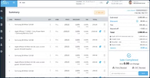 Final sale screen: a product table with quantities, prices, discounts and tax, and a panel with totals, split payments, Sale Completed and Print Receipt or VAT Receipt buttons