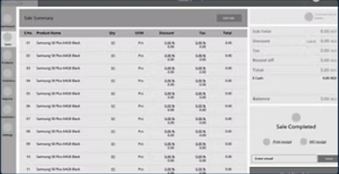Greyscale wireframe of the sale screen: a product table on the left, totals and a Sale Completed panel on the right