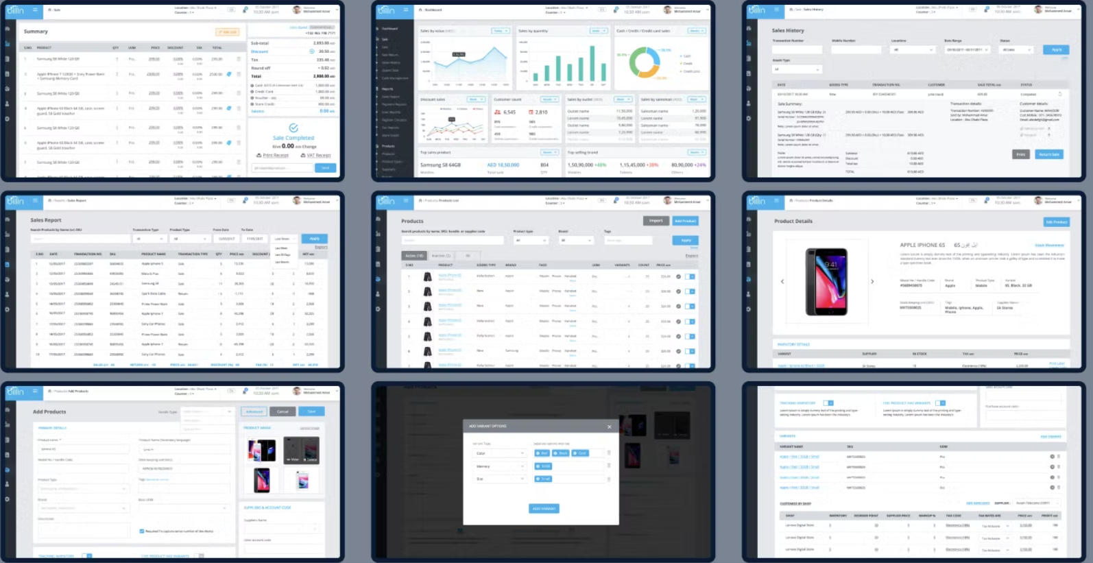 Nine Billin screens: sale summary, dashboard, sales history, sales report, product list, product details, add product, add variant options and product variants