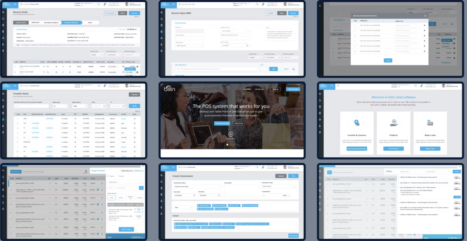 Nine more Billin screens: receive order, receive goods, map and receive products, transfer stock, the public website, the welcome checklist, a top-up voucher, create commission and offers