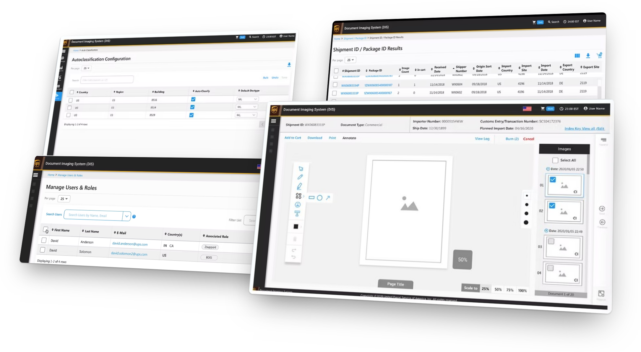 Screens of the rebuilt UPS document imaging system in perspective